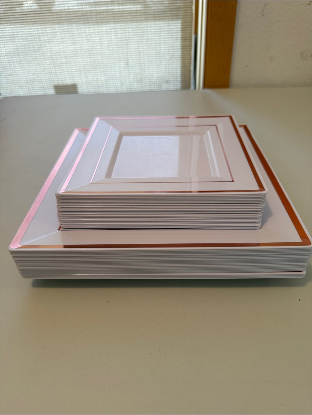 48 White Plastic Square Plates with Rose Gold Trim - Set of 24 Pieces each size